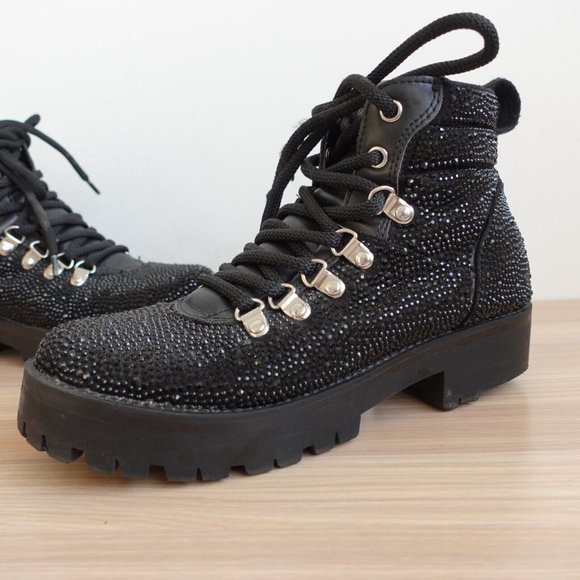 Steve Madden Shoes Leather 6 Boots Black Combat Chunky Lug Sole Studded Buzzer - Picture 3 of 16